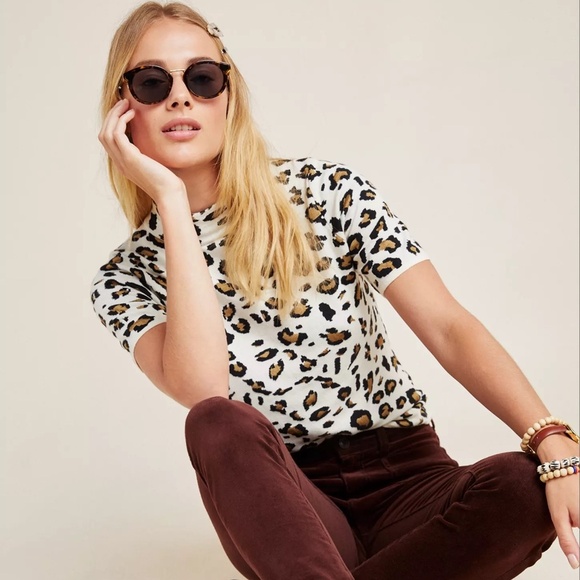 $118 NWT Anthropologie Field Flowers Naomi Mock Neck Sweater Tee Leopard MEDIUM - Picture 2 of 6